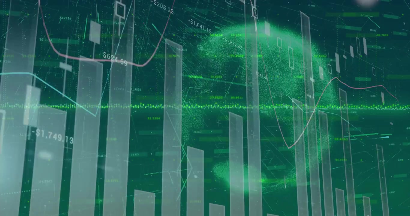 Upon data update, bar columns rising, falling while candlesticks appearing showing financial trends
