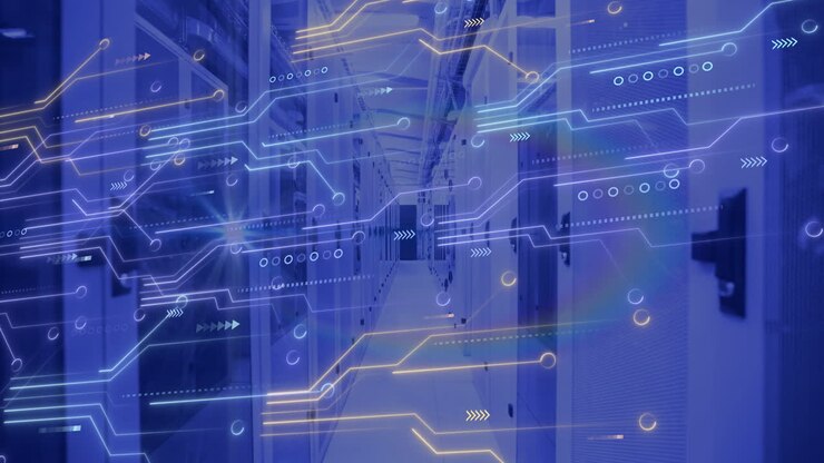 Animation of circuit board and data processing over computer servers