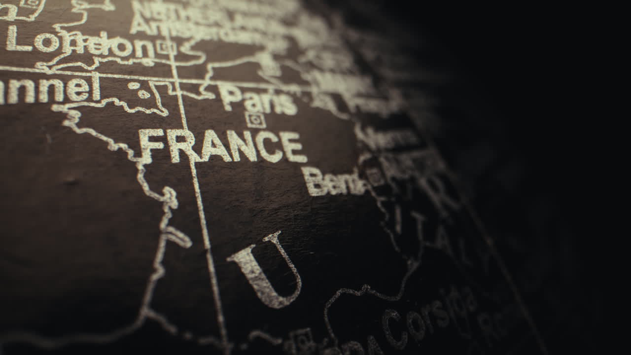 Close-up of a world map focusing on France