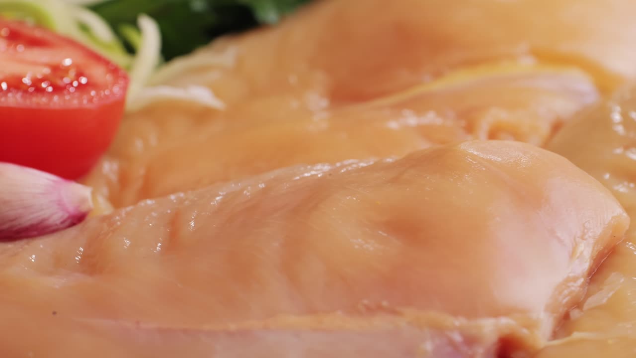 Raw chicken meat on plate close-up. Preparing raw food for cooking. Grilled chicken, duck, turkey kebab with vegetables.