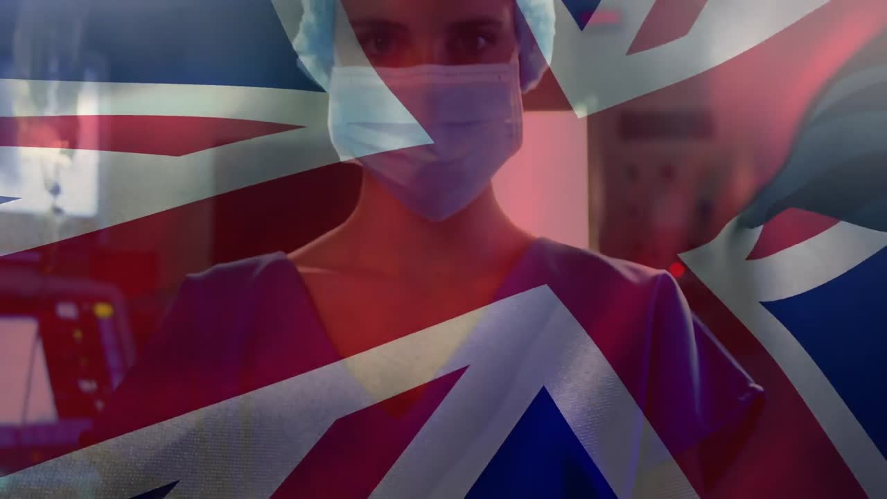 animación de la bandera del reino unido con un trabajador de la salud en el fondo durante la pandemia de coronavirus