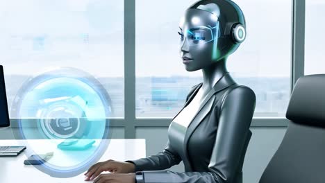 a female robot sitting at a desk in an office