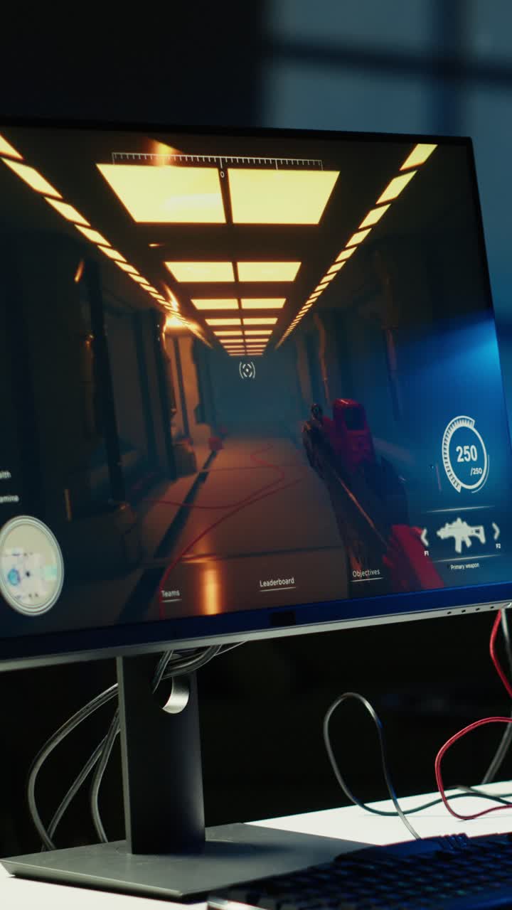 Vertical video Shooter game on computer desktop display in RGB lit home