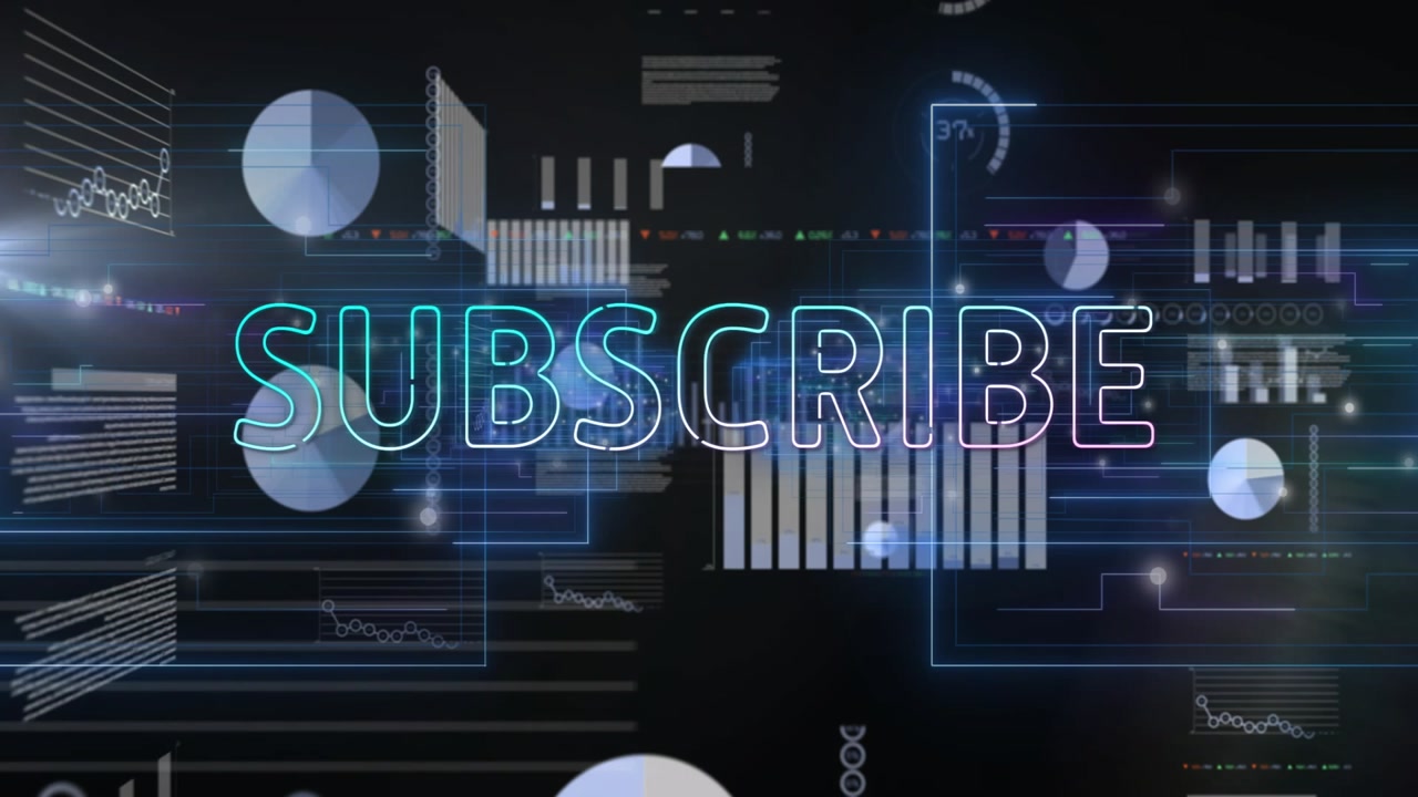 Outline SUBSCRIBE text emerging charts sliding glow pulsing tickers changing inviting subscription