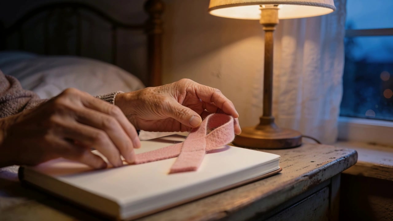 Elderly Person Holding a Pink Ribbon for Breast Cancer Awareness