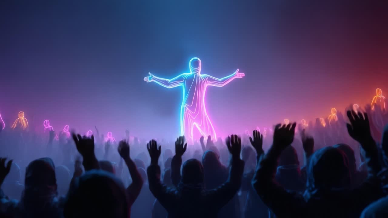 A captivating digital scene depicting a glowing humanoid figure commanding attention amidst a sea of crowd silhouettes, bathed in vibrant neon hues, showcasing an awe-inspiring moment of connection and wonder