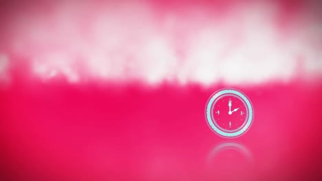 Animación-Digital-Del-Reloj-Digital-De-Neón-Haciendo-Tictac-Sobre-El-Efecto-Humo-Sobre-Fondo-Rosa