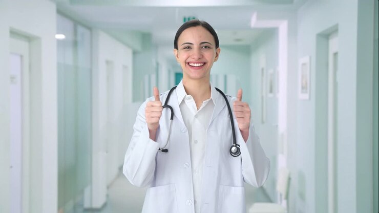 doctora india feliz mostrando los pulgares hacia arriba