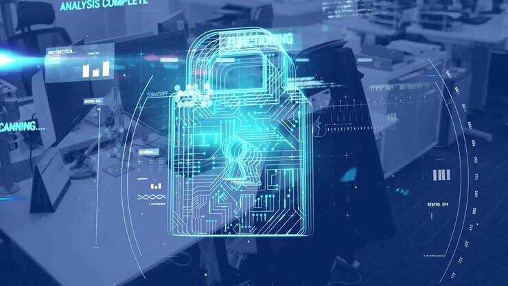 Animation of padlock and data processing over modern office