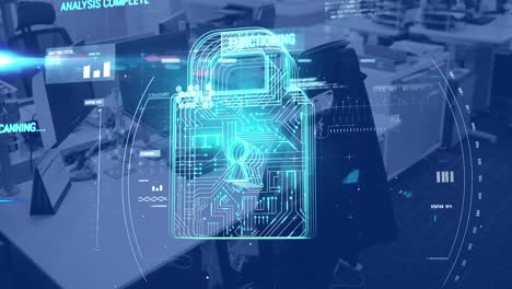 animation of padlock and data processing over modern office