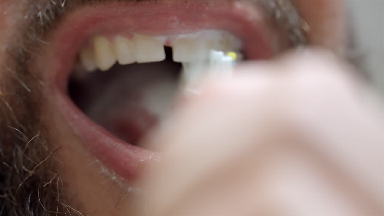 Close Up: Adult Male Cleaning Teeth, Oral Hygiene Routine