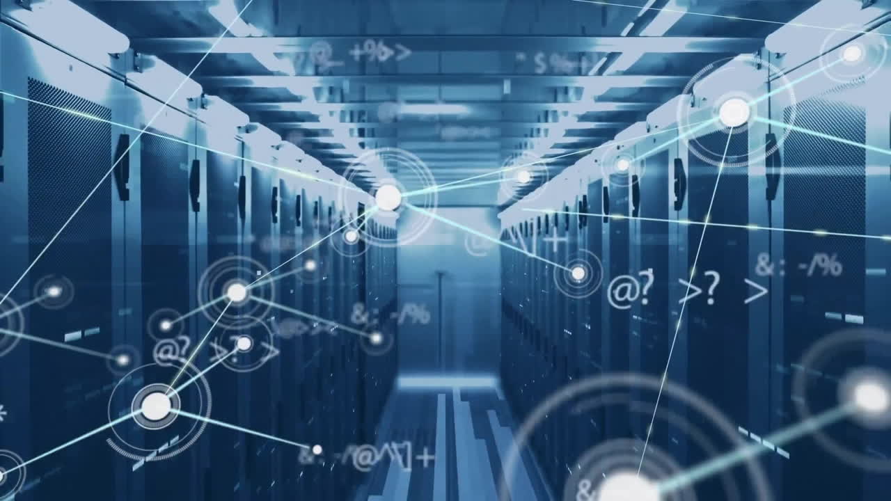 Animation of network of connections with data processing over cityscape