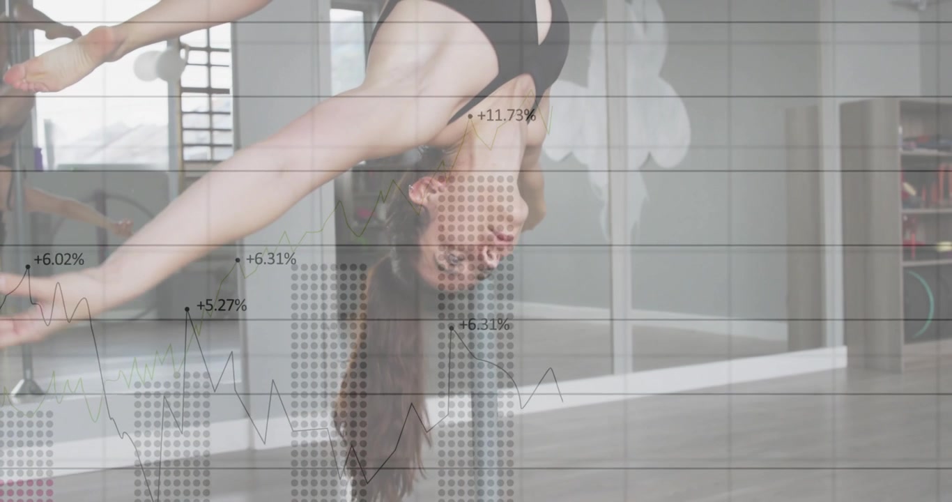 Donna che esegue una routine di pole dance con sovrapposizione di dati finanziari