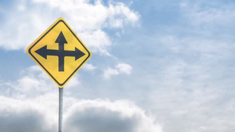 Animation-of-road-sign-and-clouds-on-blue-background