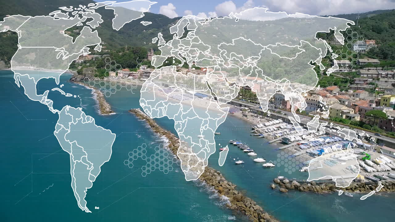 World map animation over coastal town with marina and green hills