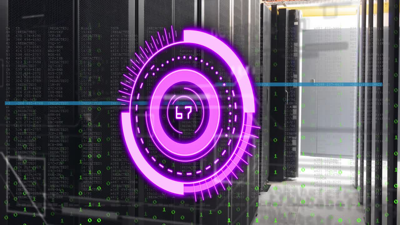 Animation of scope scanning with numbers and binary coding processing over computer servers