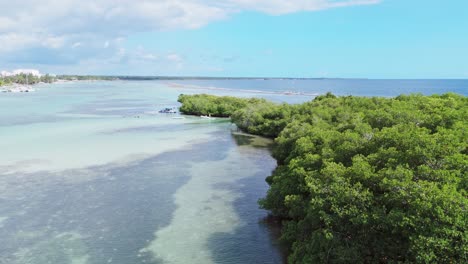 tourist boat lands on remote mangrove island, turquoise caribbean water, aerial