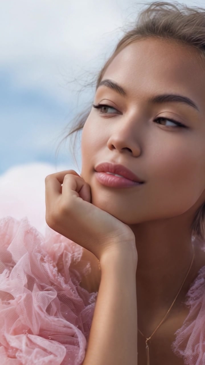 Un ritratto sereno che mostra una giovane donna con lineamenti delicati ed espressione pensierosa, vestita con un bellissimo tessuto rosa su uno sfondo tenue