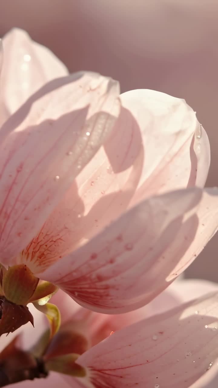 Video verticale: Luce solare che rivela un fiore rosa pallido che ondeggia per la brezza in giardino, con la rugiada.