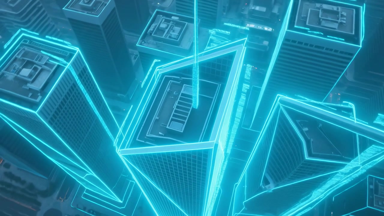 Ascending drone camera showing towers and HVAC, beam rising over downtown to highlight cyan edges