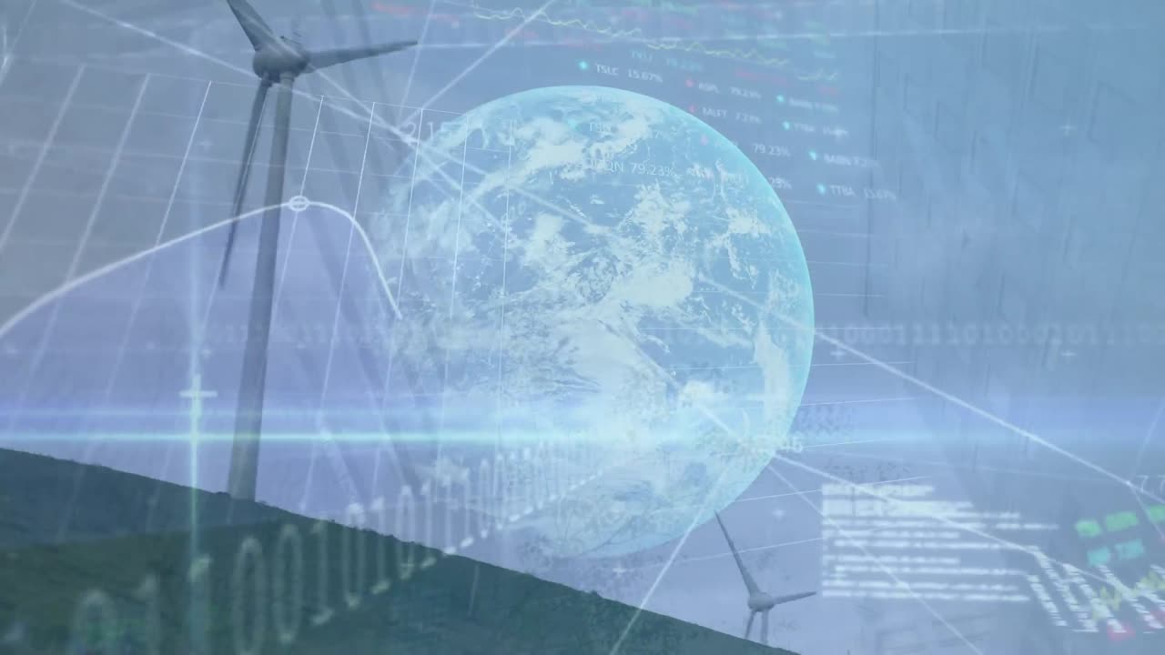 지구의 애니메이션과 하늘 위의 연결 네트워크