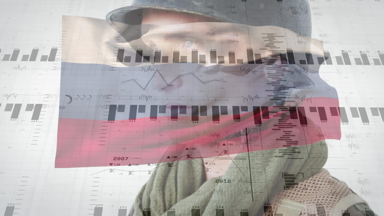 러시아의  ⁇ 발과 코카서스 남성 군인에 대한 데이터 처리 애니메이션