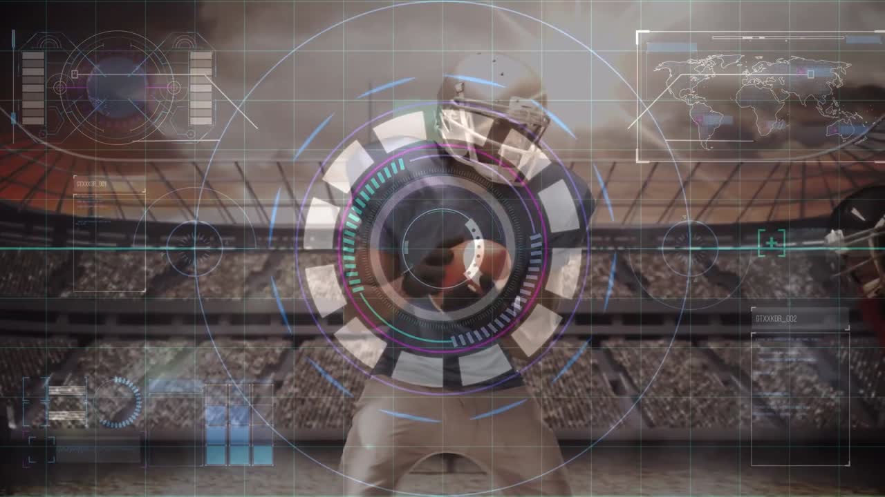 animación de escaneo de alcance y procesamiento de datos sobre diversos jugadores de fútbol americano en juego en el estadio