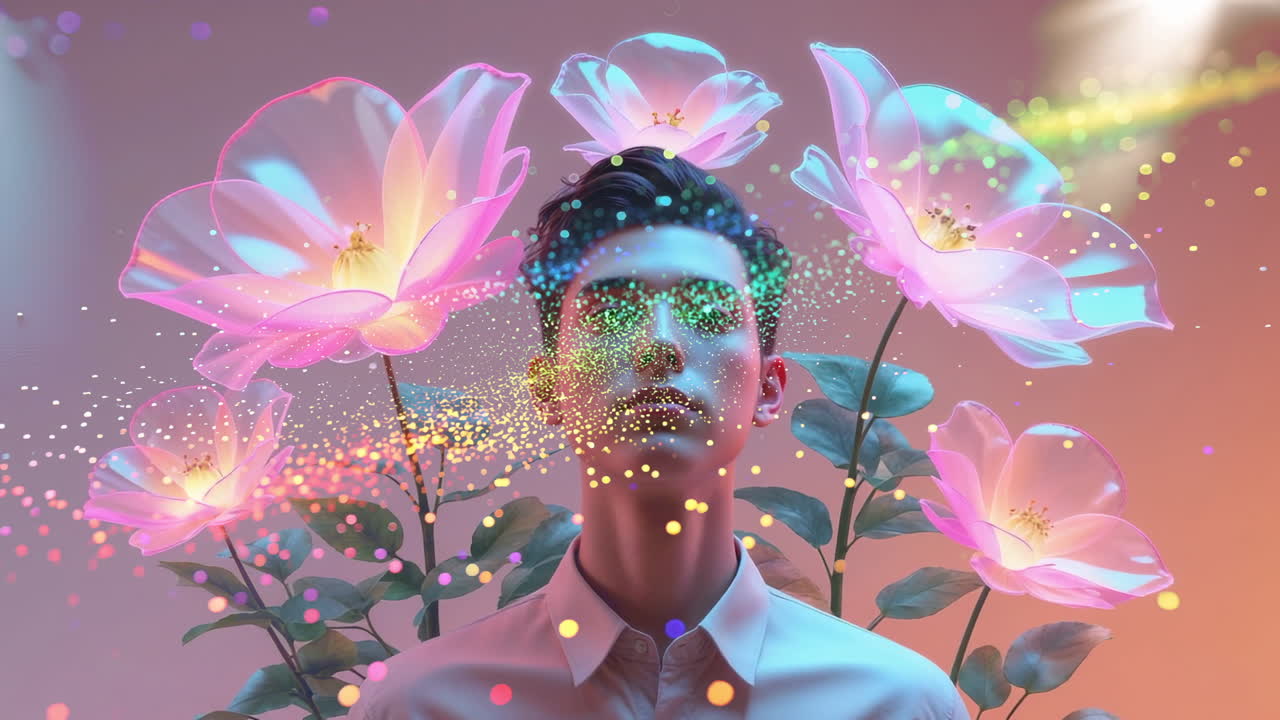 Surreal Portrait with Glowing Flowers and Particles