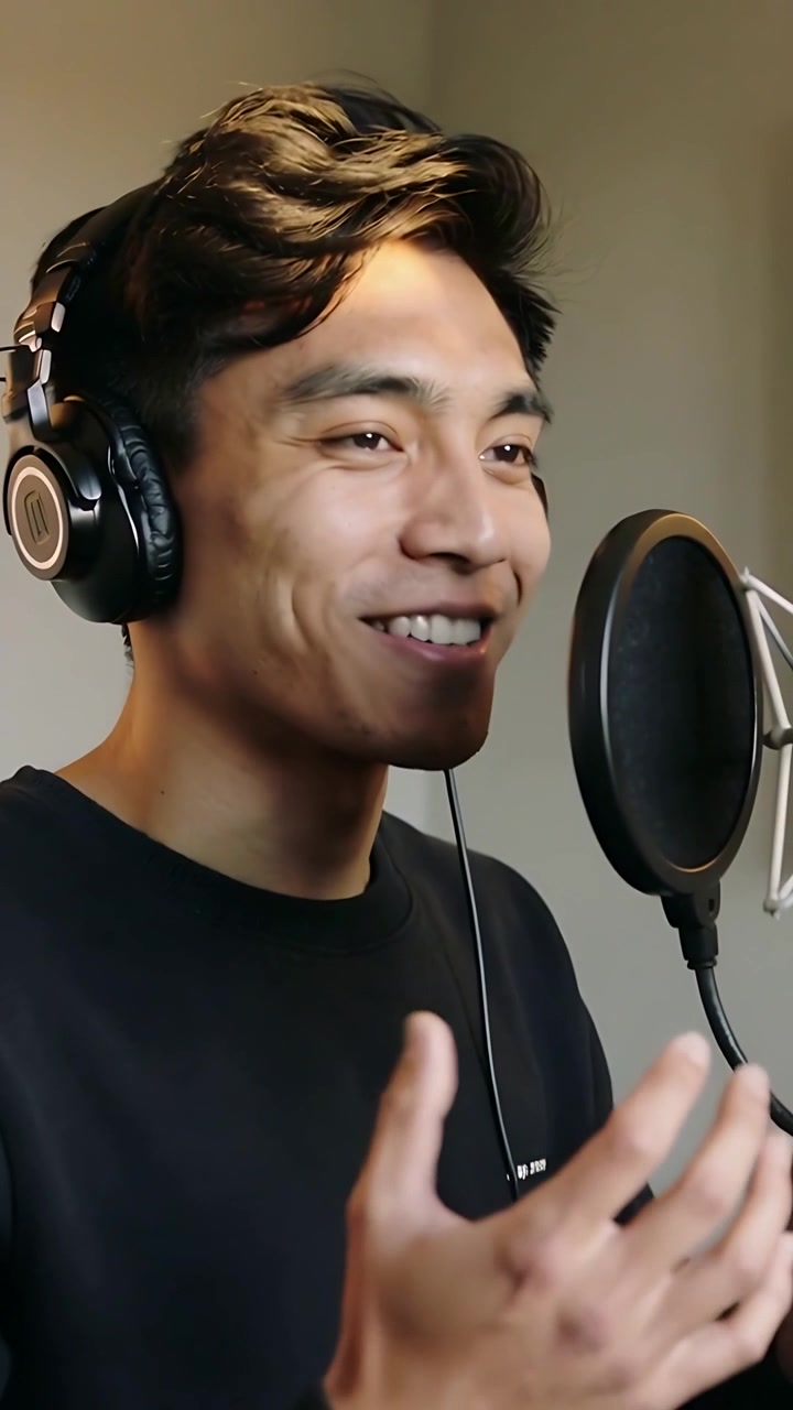 Video verticale: Inizio registrazione, vocalista uomo con maglione girocollo scuro che canta nel microfono con le cuffie.