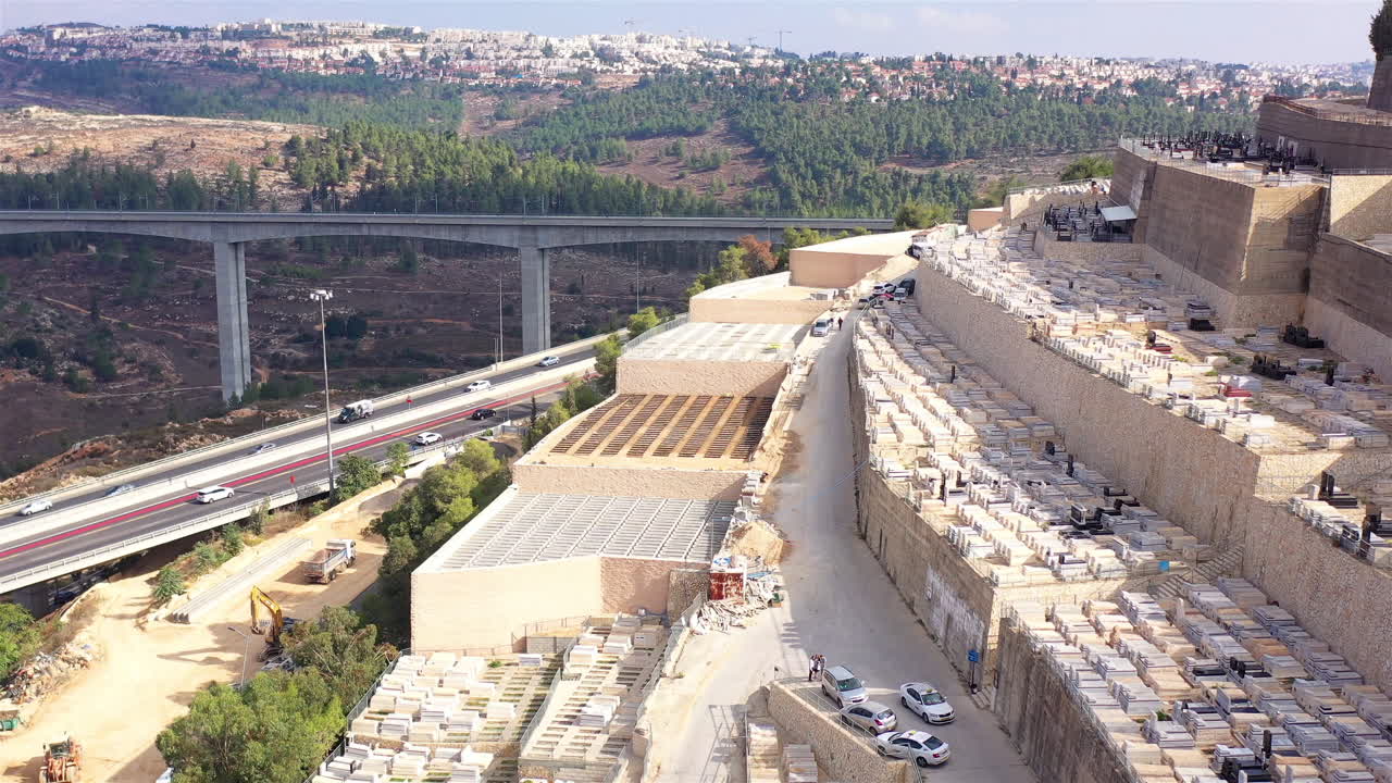 Aerial Top Down view Over Jerusalem Jewish Cemetery, Givat Shaul
