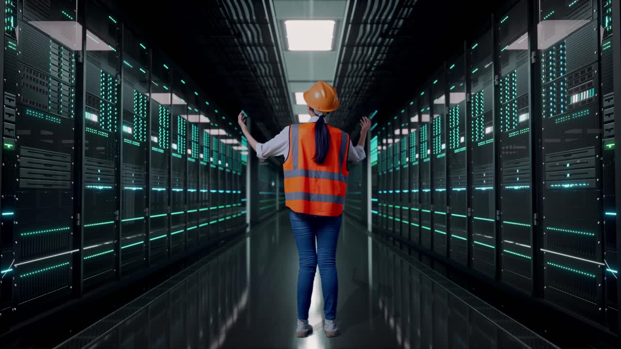 Full Body Back View Of A Female Engineer With Safety Helmet Spreading Arms While Standing in Server Room Data Center
