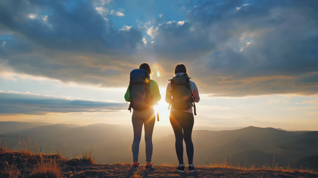 Hikers enjoying the sunset in the mountains