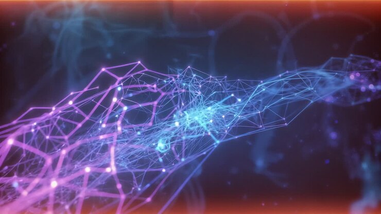 Showing network emerging from void framing red bars, pulsing nodes, trailing data particles