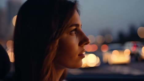 young woman looking out car window at night