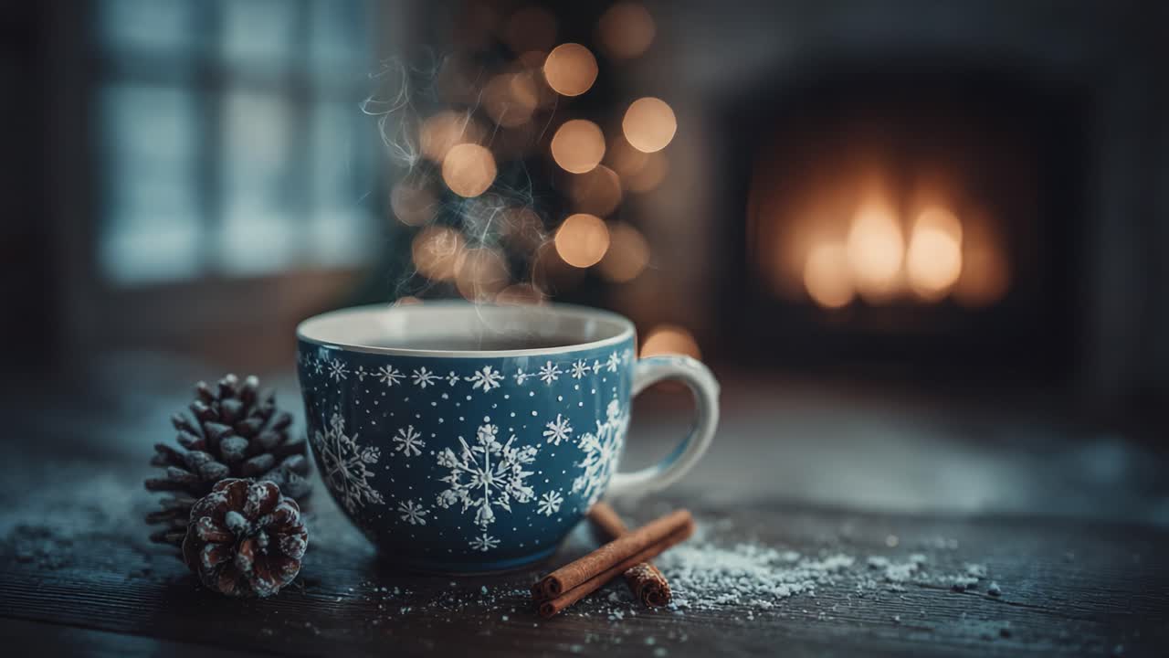 A Cozy Winter Scene Featuring a Steaming Mug of Hot Beverage, Surrounded by Pine Cones, Cinnamon Sticks, and the Warm Glow of a Fireplace in a Festive Atmosphere