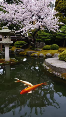 japanese garden with cherry blossoms and koi fish