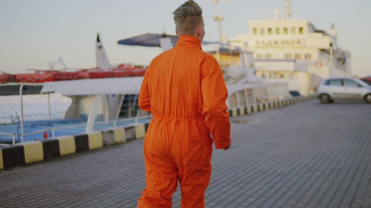 Worker in orange uniform is running in the harbour. Slow Motion shot