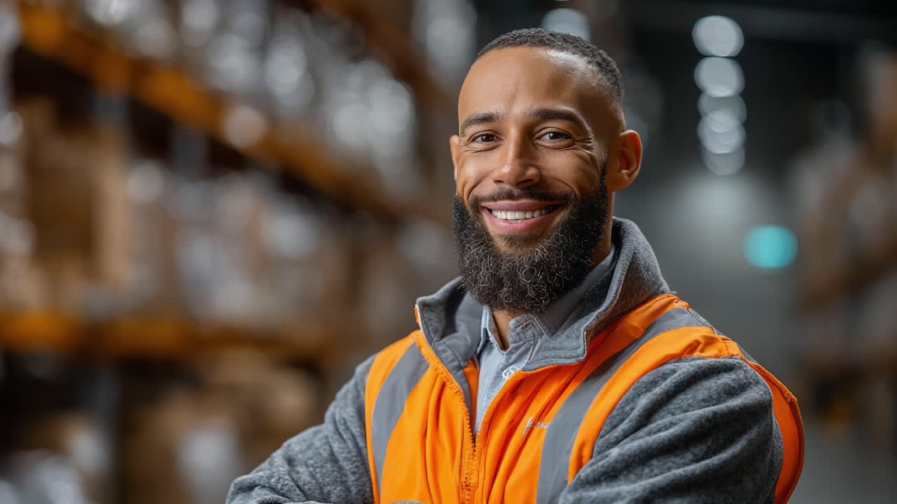 A Dedicated Warehouse Worker in Safety Gear Smiling Confidently Amidst a Busy Storage Facility, Representing Joy and Professionalism in Logistics Operations