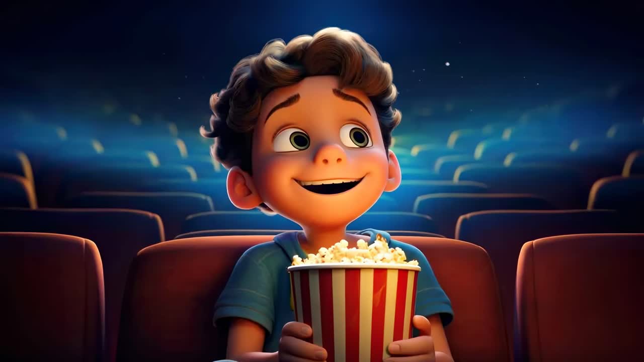 Animated scene of a joyful child holding popcorn in a theater