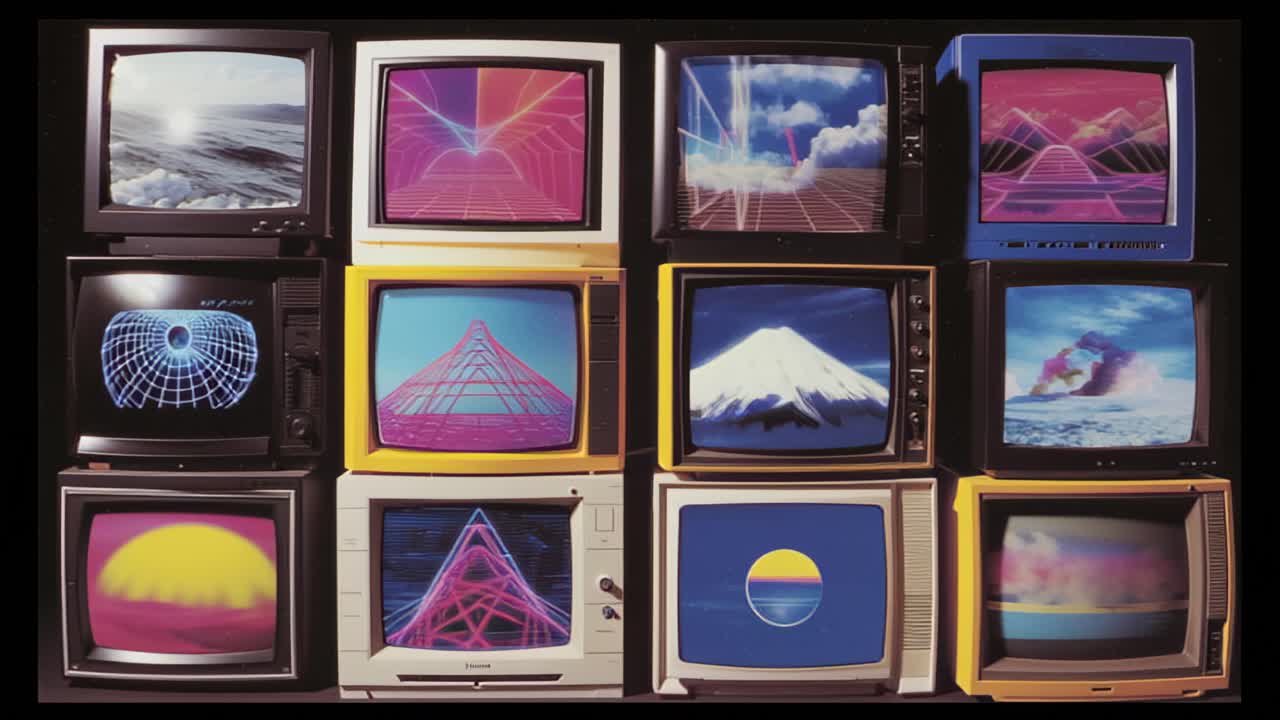 Footage of stacked vintage CRT televisions displaying colorful vaporwave graphics, neon grids, and surreal landscape scenes, creating an 80s retro technology background