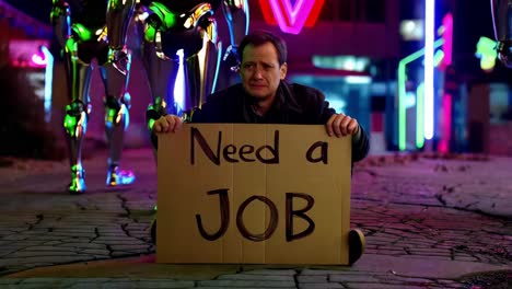 unemployed man seeking job in futuristic city