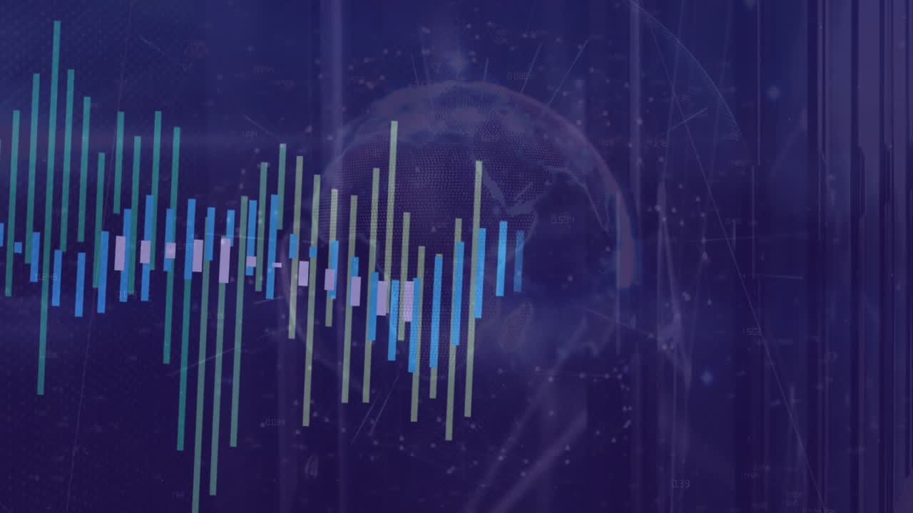 On interface loading, waveform bars emerging, growing, shifting visualizing sound data around globe