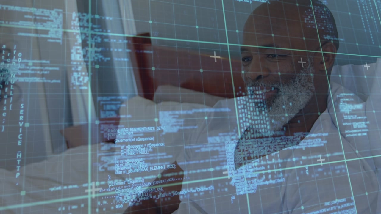 Animation of data processing over african american senior man in bed