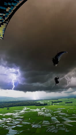 paragliding over rice paddies during a storm