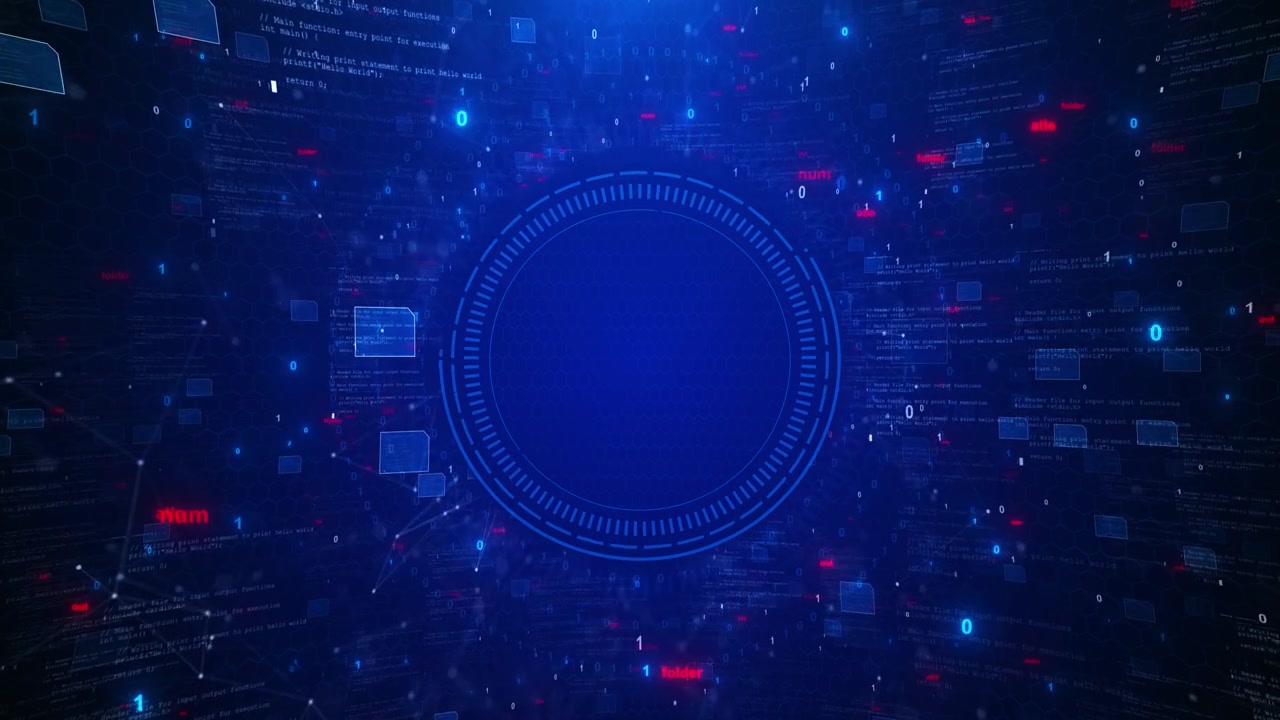 Blue code hud interface background circular frame floating binary numbers software text cyber