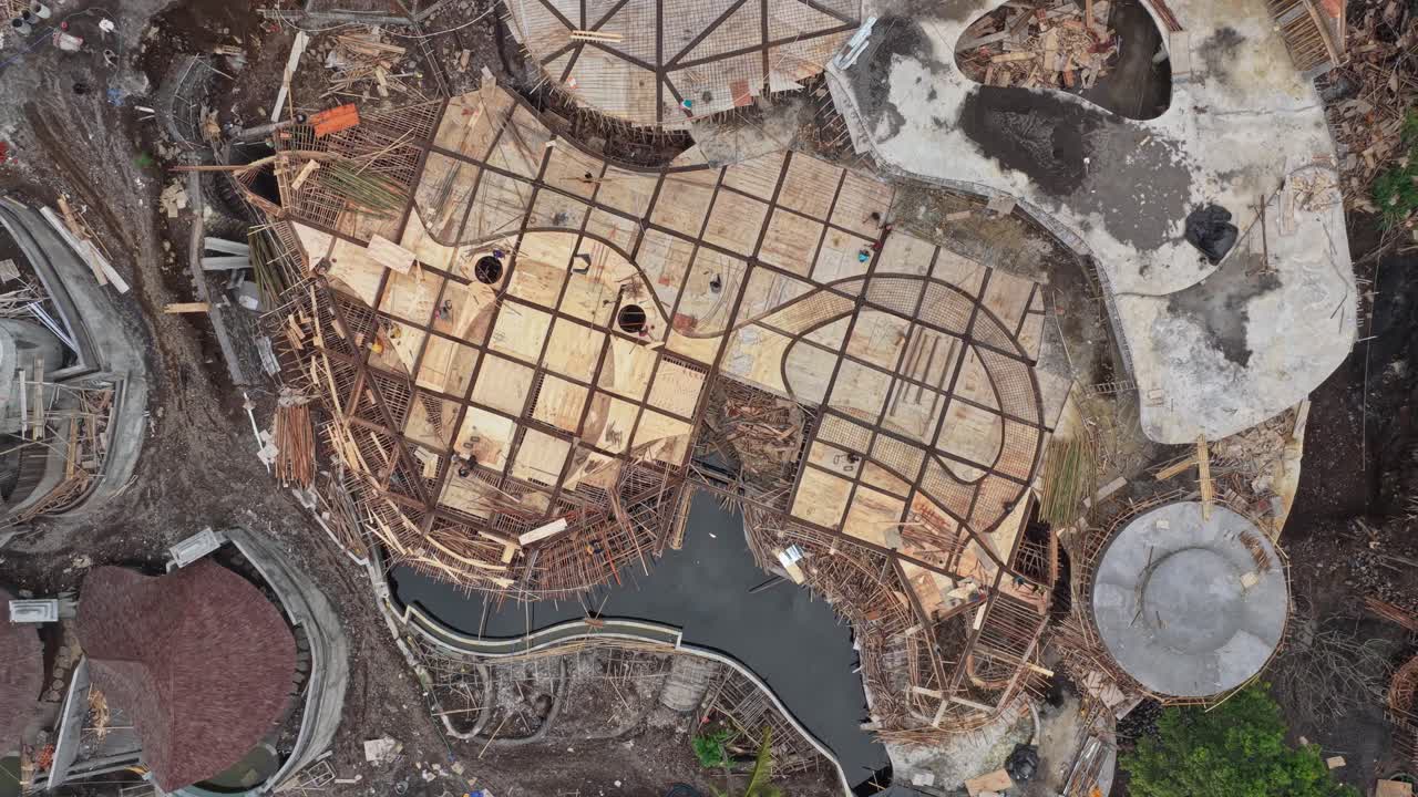 Aerial view of bamboo building construction site in bali