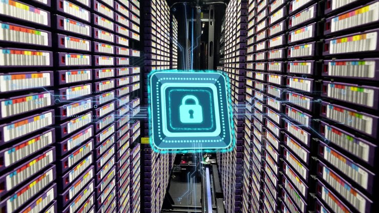 Animation of padlock with connections over server room