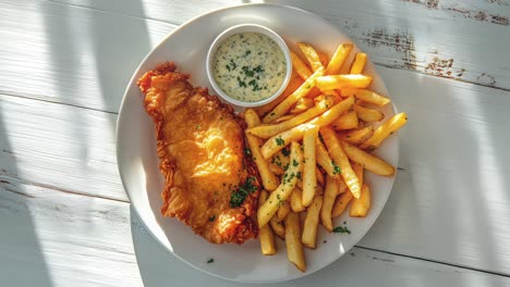 Delicious-Fish-and-Chips-Served-on-Rustic-Wooden-Table