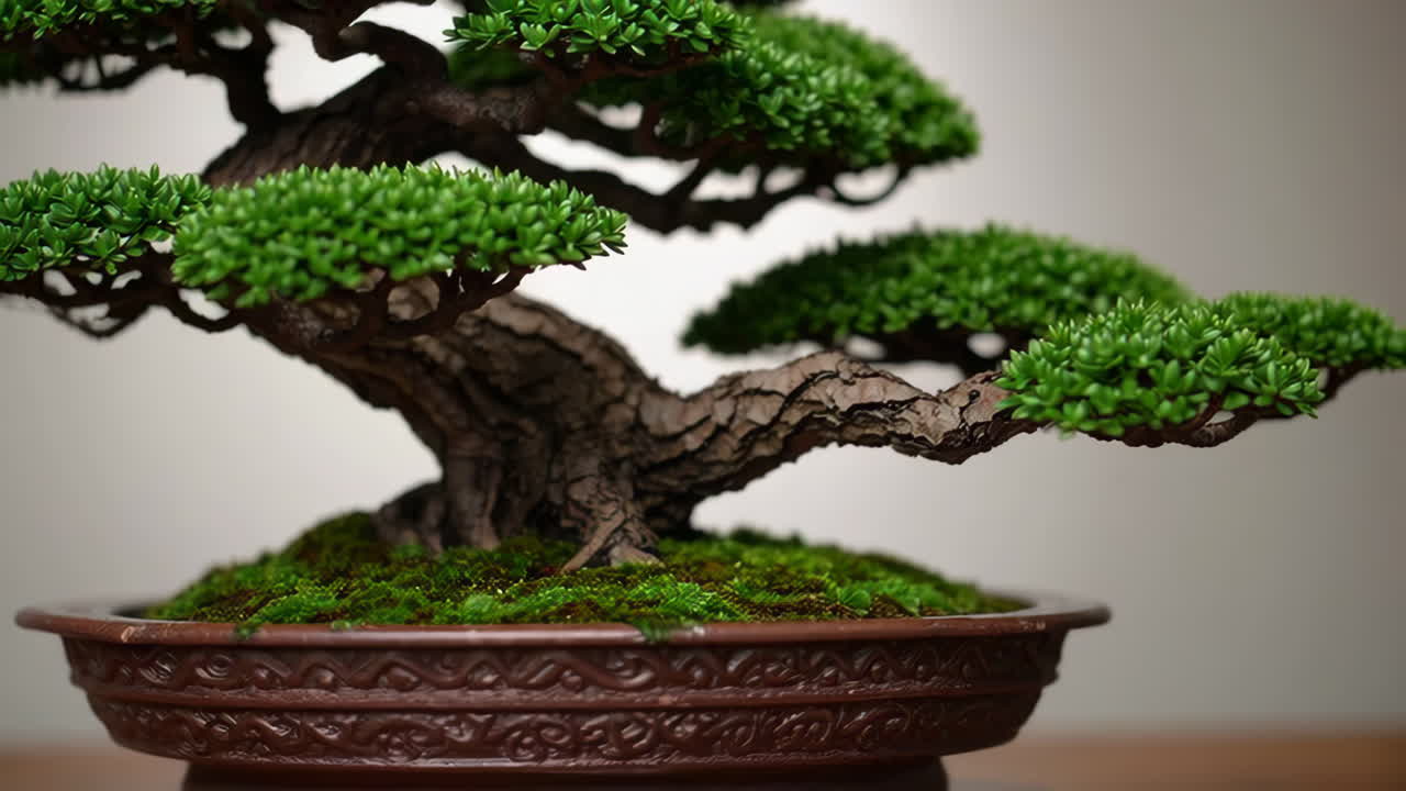 Close-up of a well-maintained bonsai tree in a decorative pot