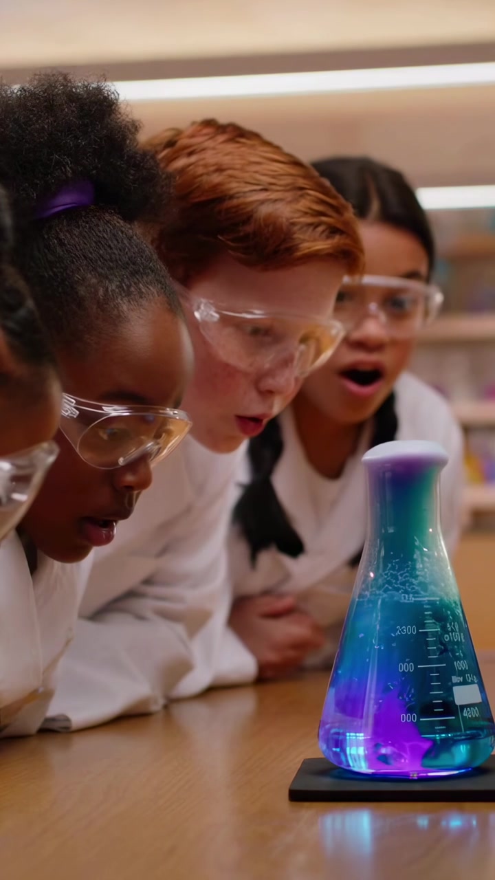 Diverse Students Observing a Colorful Chemical Reaction in Science Class
